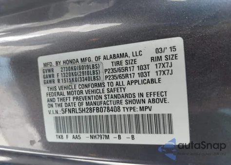 2015 Honda Odyssey Lx z USA, uszkodzony, nr VIN 5FNRL5H28FB078408